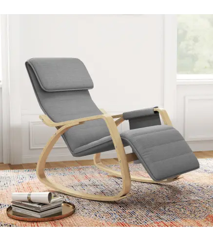 Silla Mecedora con Reposapiés Ajustable en 5 Posiciones Bolsillo Lateral Reposabrazos de Madera Reposacabezas Gris