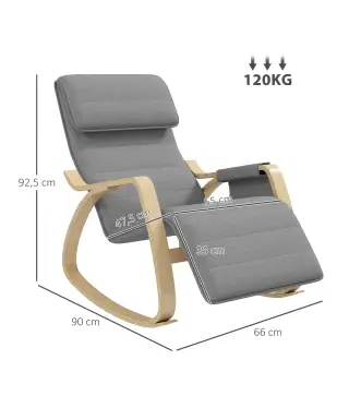 Silla Mecedora con Reposapiés Ajustable en 5 Posiciones Bolsillo Lateral Reposabrazos de Madera Reposacabezas Gris