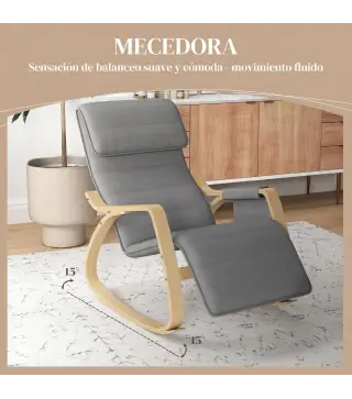 Silla Mecedora con Reposapiés Ajustable en 5 Posiciones Bolsillo Lateral Reposabrazos de Madera Reposacabezas Gris