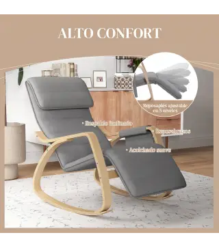 Silla Mecedora con Reposapiés Ajustable en 5 Posiciones Bolsillo Lateral Reposabrazos de Madera Reposacabezas Gris