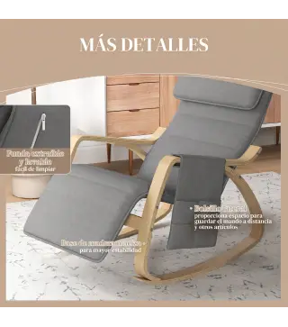 Silla Mecedora con Reposapiés Ajustable en 5 Posiciones Bolsillo Lateral Reposabrazos de Madera Reposacabezas Gris