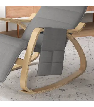 Silla Mecedora con Reposapiés Ajustable en 5 Posiciones Bolsillo Lateral Reposabrazos de Madera Reposacabezas Gris
