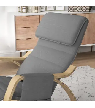 Silla Mecedora con Reposapiés Ajustable en 5 Posiciones Bolsillo Lateral Reposabrazos de Madera Reposacabezas Gris