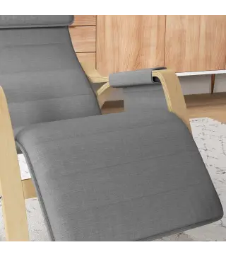 Silla Mecedora con Reposapiés Ajustable en 5 Posiciones Bolsillo Lateral Reposabrazos de Madera Reposacabezas Gris
