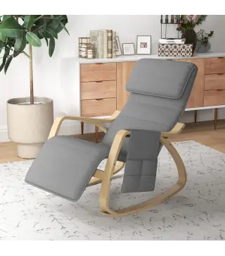 Silla Mecedora con Reposapiés Ajustable en 5 Posiciones Bolsillo Lateral Reposabrazos de Madera Reposacabezas Gris