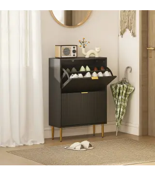 Zapatero Estrecho con 2 Puertas Acanaladas con Estantes Ajustables para 12 Pares de Zapatos 60x24x91,5 cm Negro