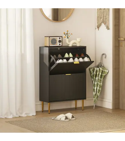 Zapatero Estrecho con 2 Puertas Acanaladas con Estantes Ajustables para 12 Pares de Zapatos 60x24x91,5 cm Negro