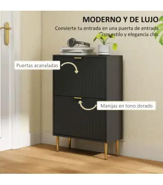 Zapatero Estrecho con 2 Puertas Acanaladas con Estantes Ajustables para 12 Pares de Zapatos 60x24x91,5 cm Negro