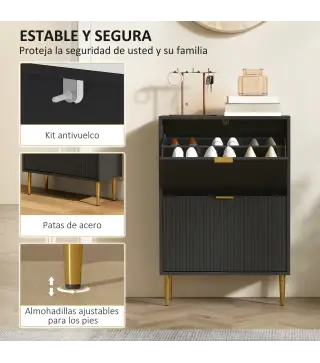 Zapatero Estrecho con 2 Puertas Acanaladas con Estantes Ajustables para 12 Pares de Zapatos 60x24x91,5 cm Negro