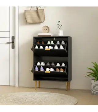 Zapatero Estrecho con 2 Puertas Acanaladas con Estantes Ajustables para 12 Pares de Zapatos 60x24x91,5 cm Negro