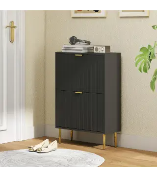 Zapatero Estrecho con 2 Puertas Acanaladas con Estantes Ajustables para 12 Pares de Zapatos 60x24x91,5 cm Negro