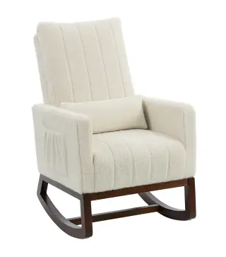 Silla Mecedora con Cojín Lumbar Tapizada en Franela de Nieve Respaldo Alto Base de Madera Bolsillos Laterales Crema