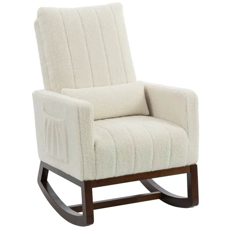 Silla Mecedora con Cojín Lumbar Tapizada en Franela de Nieve Respaldo Alto Base de Madera Bolsillos Laterales Crema Silla Mecedora con Cojín Lumbar Tapizada en Franela de Nieve Respaldo Alto Base de Madera Bolsillos Laterales Crema