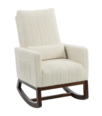 Silla Mecedora con Cojín Lumbar Tapizada en Franela de Nieve Respaldo Alto Base de Madera Bolsillos Laterales Crema