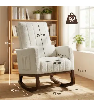 Silla Mecedora con Cojín Lumbar Tapizada en Franela de Nieve Respaldo Alto Base de Madera Bolsillos Laterales Crema