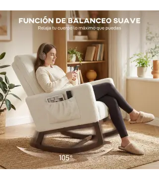 Silla Mecedora con Cojín Lumbar Tapizada en Franela de Nieve Respaldo Alto Base de Madera Bolsillos Laterales Crema