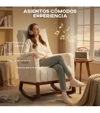 Silla Mecedora con Cojín Lumbar Tapizada en Franela de Nieve Respaldo Alto Base de Madera Bolsillos Laterales Crema
