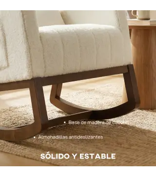 Silla Mecedora con Cojín Lumbar Tapizada en Franela de Nieve Respaldo Alto Base de Madera Bolsillos Laterales Crema