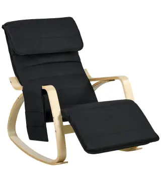Silla Mecedora con Reposapiés Ajustable en 5 Posiciones Bolsillo Lateral Reposabrazos de Madera Reposacabezas Negro