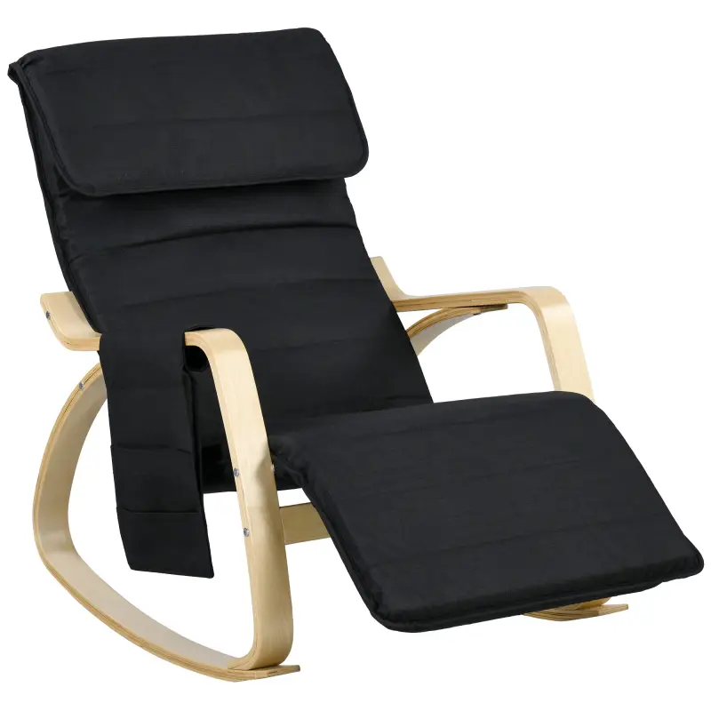 Silla Mecedora con Reposapiés Ajustable en 5 Posiciones Bolsillo Lateral Reposabrazos de Madera Reposacabezas Negro Silla Mecedora con Reposapiés Ajustable en 5 Posiciones Bolsillo Lateral Reposabrazos de Madera Reposacabezas Negro