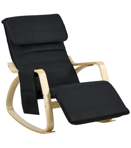 Silla Mecedora con Reposapiés Ajustable en 5 Posiciones Bolsillo Lateral Reposabrazos de Madera Reposacabezas Negro