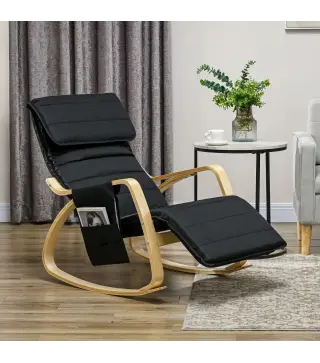 Silla Mecedora con Reposapiés Ajustable en 5 Posiciones Bolsillo Lateral Reposabrazos de Madera Reposacabezas Negro