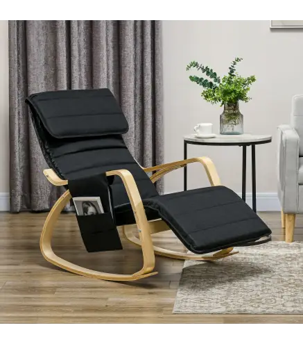 Silla Mecedora con Reposapiés Ajustable en 5 Posiciones Bolsillo Lateral Reposabrazos de Madera Reposacabezas Negro