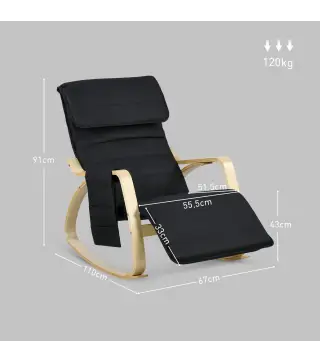 Silla Mecedora con Reposapiés Ajustable en 5 Posiciones Bolsillo Lateral Reposabrazos de Madera Reposacabezas Negro