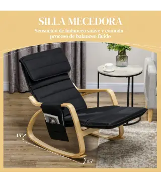 Silla Mecedora con Reposapiés Ajustable en 5 Posiciones Bolsillo Lateral Reposabrazos de Madera Reposacabezas Negro
