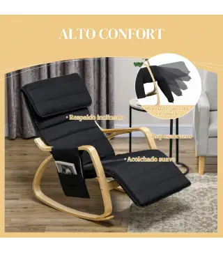 Silla Mecedora con Reposapiés Ajustable en 5 Posiciones Bolsillo Lateral Reposabrazos de Madera Reposacabezas Negro