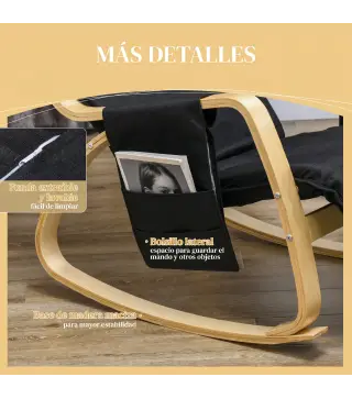 Silla Mecedora con Reposapiés Ajustable en 5 Posiciones Bolsillo Lateral Reposabrazos de Madera Reposacabezas Negro