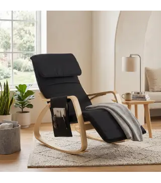 Silla Mecedora con Reposapiés Ajustable en 5 Posiciones Bolsillo Lateral Reposabrazos de Madera Reposacabezas Negro