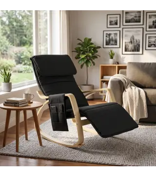 Silla Mecedora con Reposapiés Ajustable en 5 Posiciones Bolsillo Lateral Reposabrazos de Madera Reposacabezas Negro