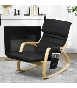 Silla Mecedora con Reposapiés Ajustable en 5 Posiciones Bolsillo Lateral Reposabrazos de Madera Reposacabezas Negro