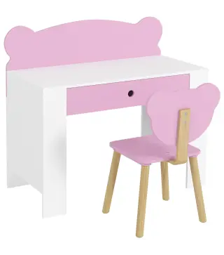 Escritorio Infantil con Silla en Forma de Osito con Cajón para Leer y Estudiar Mesa 80x41x74,5 cm y Silla 32,5x38x59 cm