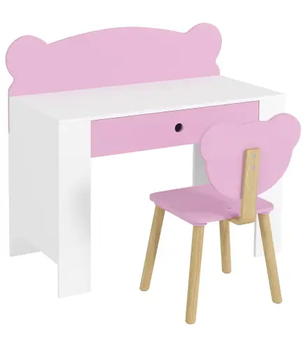 Escritorio Infantil con Silla en Forma de Osito con Cajón para Leer y Estudiar Mesa 80x41x74,5 cm y Silla 32,5x38x59 cm