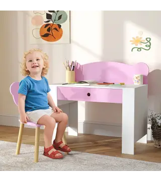 Escritorio Infantil con Silla en Forma de Osito con Cajón para Leer y Estudiar Mesa 80x41x74,5 cm y Silla 32,5x38x59 cm
