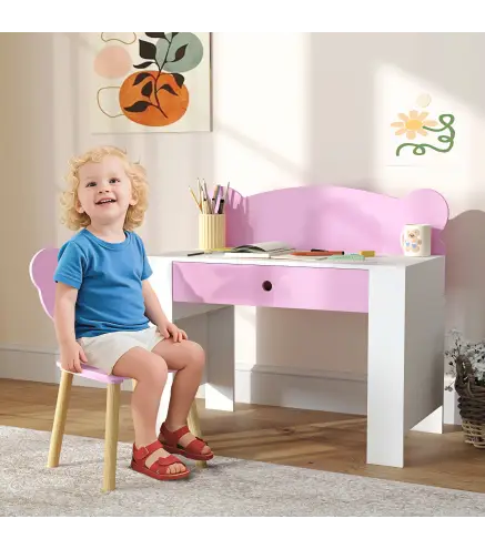 Escritorio Infantil con Silla en Forma de Osito con Cajón para Leer y Estudiar Mesa 80x41x74,5 cm y Silla 32,5x38x59 cm