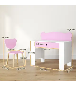 Escritorio Infantil con Silla en Forma de Osito con Cajón para Leer y Estudiar Mesa 80x41x74,5 cm y Silla 32,5x38x59 cm