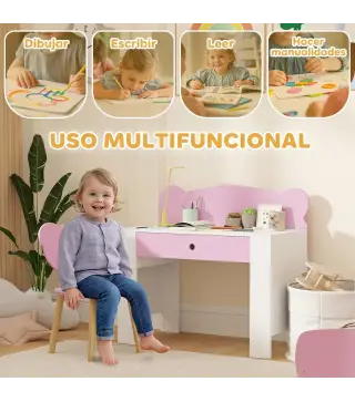 Escritorio Infantil con Silla en Forma de Osito con Cajón para Leer y Estudiar Mesa 80x41x74,5 cm y Silla 32,5x38x59 cm