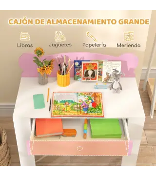 Escritorio Infantil con Silla en Forma de Osito con Cajón para Leer y Estudiar Mesa 80x41x74,5 cm y Silla 32,5x38x59 cm