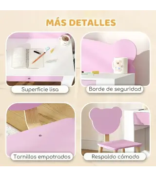 Escritorio Infantil con Silla en Forma de Osito con Cajón para Leer y Estudiar Mesa 80x41x74,5 cm y Silla 32,5x38x59 cm