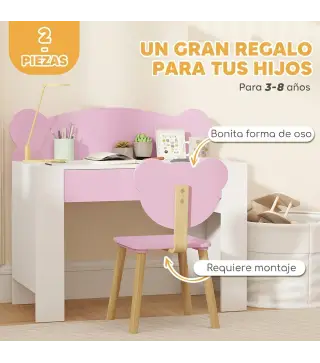 Escritorio Infantil con Silla en Forma de Osito con Cajón para Leer y Estudiar Mesa 80x41x74,5 cm y Silla 32,5x38x59 cm