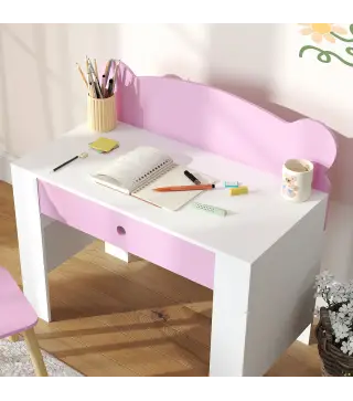 Escritorio Infantil con Silla en Forma de Osito con Cajón para Leer y Estudiar Mesa 80x41x74,5 cm y Silla 32,5x38x59 cm