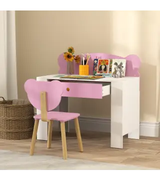 Escritorio Infantil con Silla en Forma de Osito con Cajón para Leer y Estudiar Mesa 80x41x74,5 cm y Silla 32,5x38x59 cm