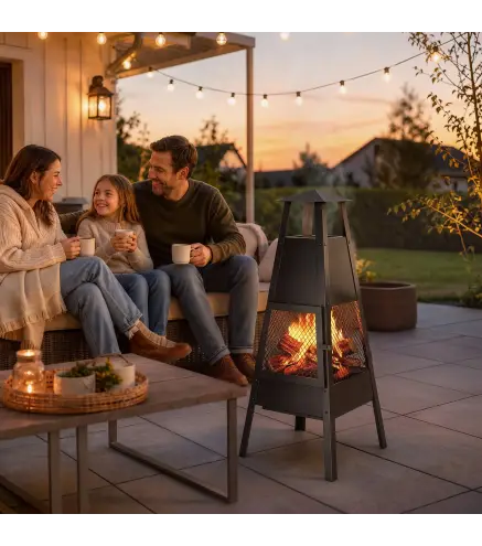 Brasero de Exterior con Chimenea Cónica 41x40,5x97 cm Acero al Carbono con Malla Protectora para Patio Terraza Negro