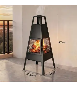 Brasero de Exterior con Chimenea Cónica 41x40,5x97 cm Acero al Carbono con Malla Protectora para Patio Terraza Negro