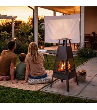 Brasero de Exterior con Chimenea Cónica 41x40,5x97 cm Acero al Carbono con Malla Protectora para Patio Terraza Negro