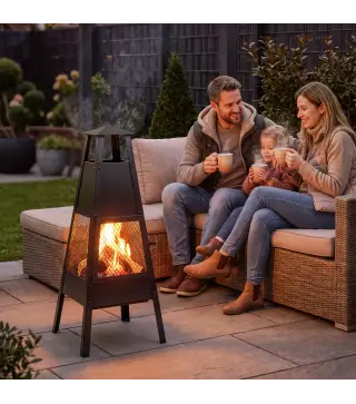 Brasero de Exterior con Chimenea Cónica 41x40,5x97 cm Acero al Carbono con Malla Protectora para Patio Terraza Negro