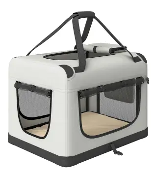 Transportín Perros Gatos Plegable 60x42x44 cm Correa para Coche Cojín Lavable Cuenco Plegable 2 Bolsillos Gris Claro